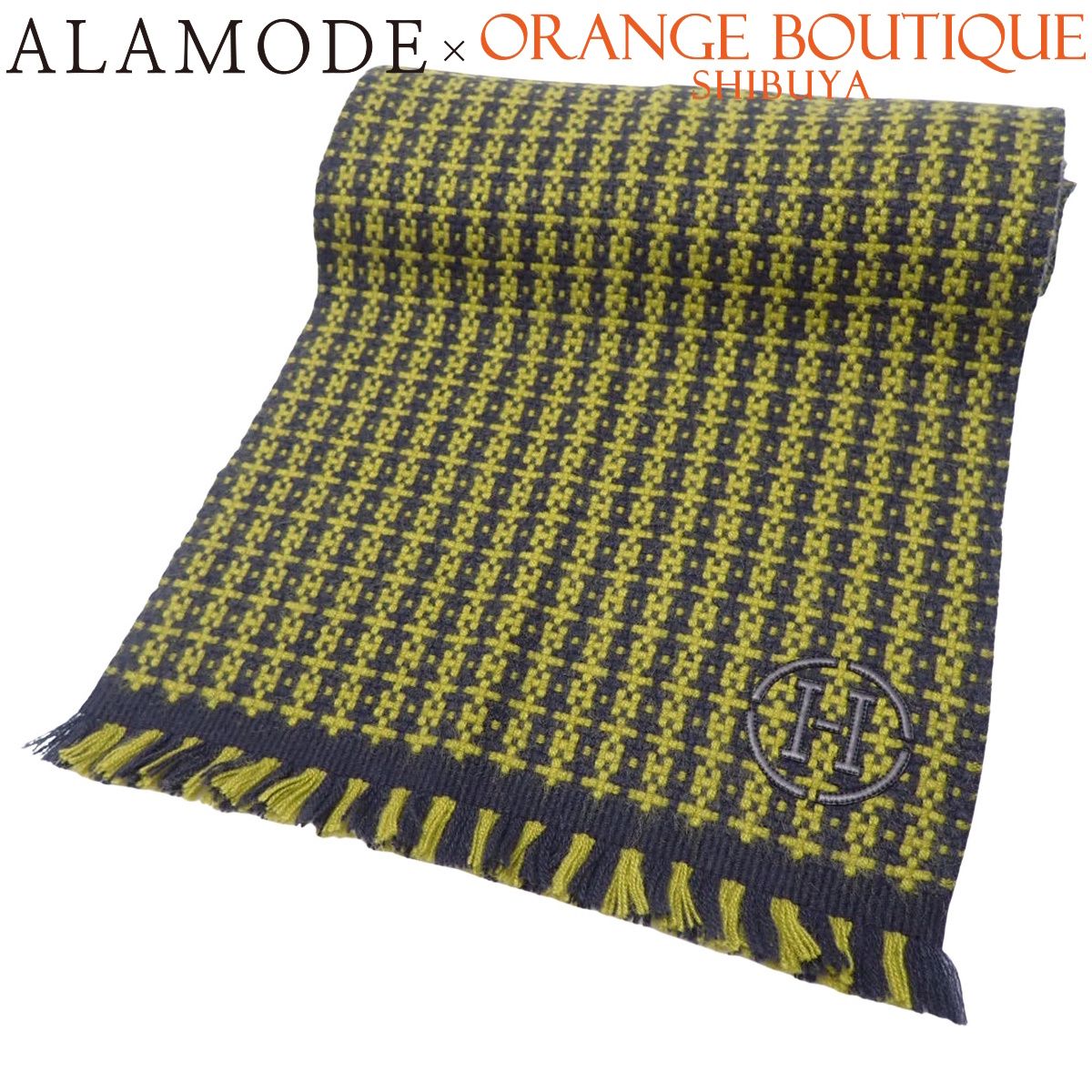 １　エルメス　マフラー　新品タグ付き　ネイビー×イエロー 美品】ほぼ未使用品 HERMES エルメス クリック・クラック カシミヤ 100