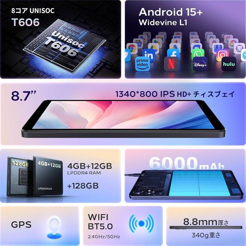 Android 15 タブレット アンドロイド 8.7インチ InCellディスプレイ 高精細 IPS HD 動画視聴に最適な体験 16 GB 128 512 TF拡張 8コア Unisoc T 606 Tablet
