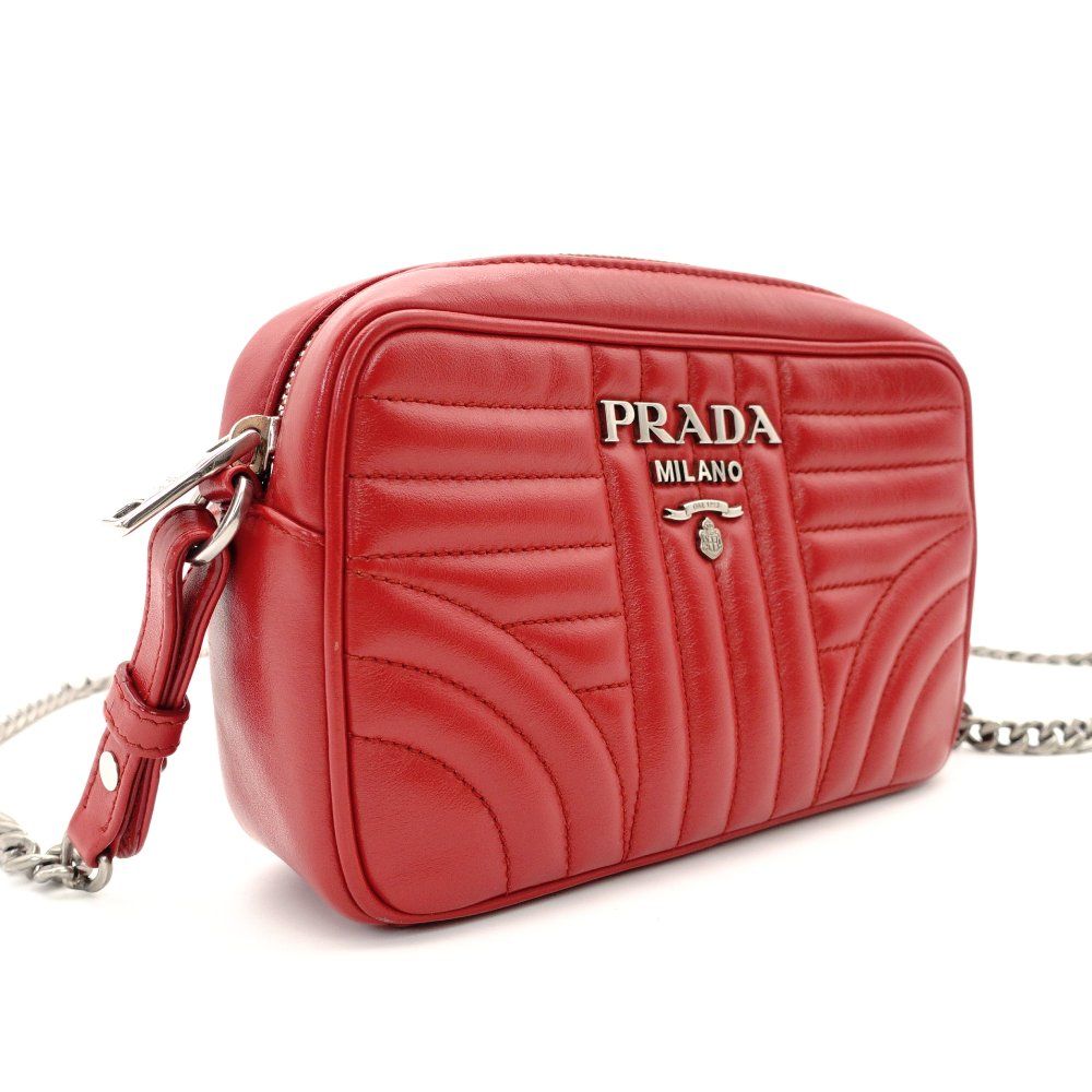プラダ PRADA ダイアグラム チェーン ショルダーバッグ レッド レザー シルバー金具 クロスボディ 7-10-721