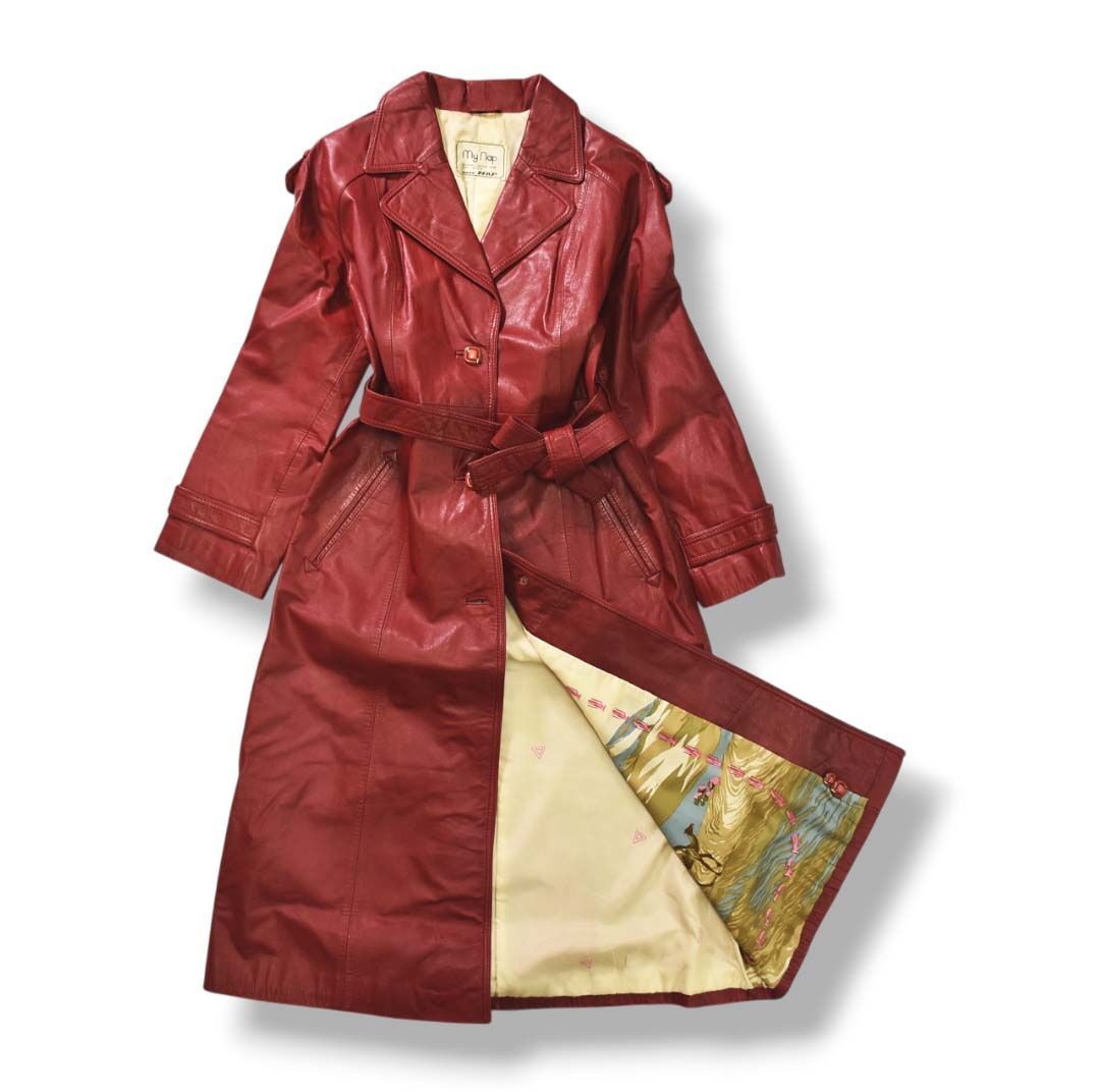80 s 90 sヴィンテージ my nap 裏地ラクダ柄 Aライン レザー ロングコート アウター ジャケット レトロ古着 9 ワインレッド レディース