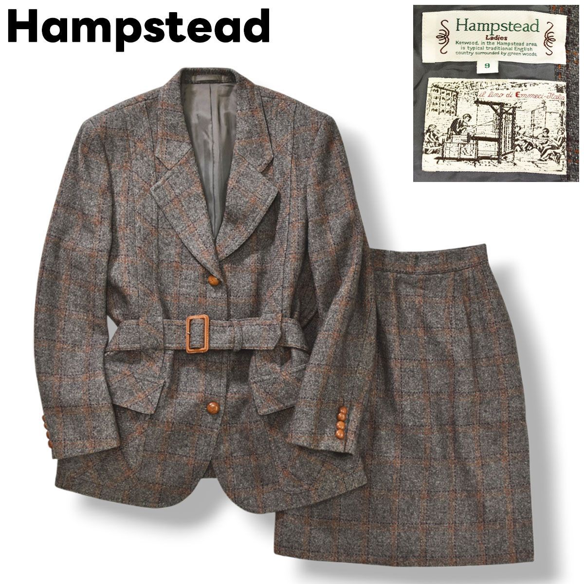 ハムステッド Hampstead ツイード シングル 3 B くるみボタン テーラードジャケット スカート セットアップ 上下 トラッド 9 グレー レディース