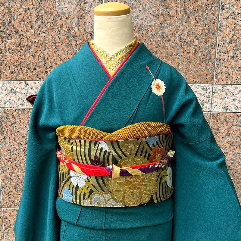 振袖 セット 販売 コーディネイト 3点 成人式 正絹 深緑 レトロ