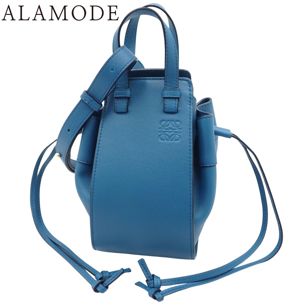 LOEWE ロエベ Hammock ハンモック ドローストリングバッグ ミニ ショルダーバッグ 2 WAY ハンド 肩掛け ミニバッグ レザー ラグーンブルー ブルー青 ゴールド金具 レディース アラモード