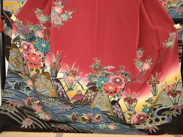 平和屋着物●豪華振袖　紅柄　風景鴛鴦花文　ロング丈　正絹　逸品　AABC5620ck 平和屋着物○豪華振袖 紅柄 風景鴛鴦花文 ロング丈 正絹 逸品