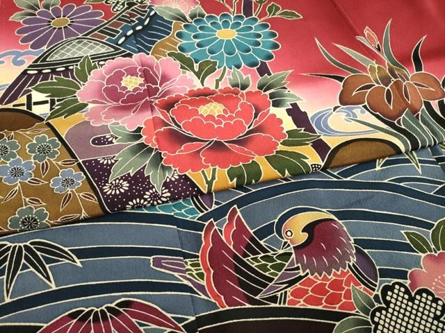 平和屋着物○豪華振袖 紅柄 風景鴛鴦花文 ロング丈 正絹 逸品