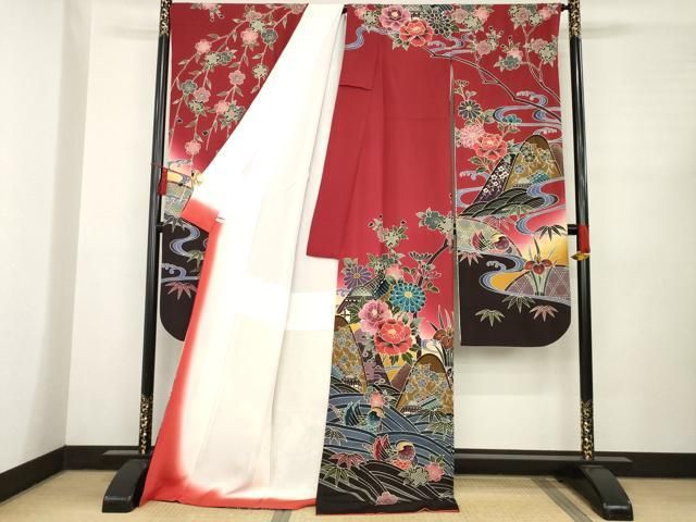 平和屋着物●豪華振袖　紅柄　風景鴛鴦花文　ロング丈　正絹　逸品　AABC5620ck 平和屋着物○豪華振袖 紅柄 風景鴛鴦花文 ロング丈 正絹 逸品