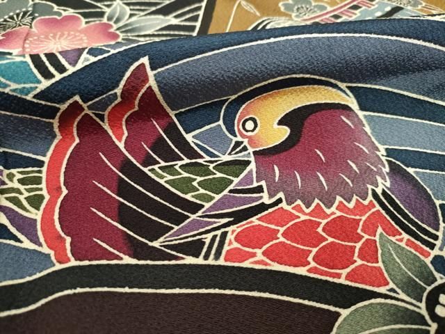 平和屋着物○豪華振袖 紅柄 風景鴛鴦花文 ロング丈 正絹 逸品