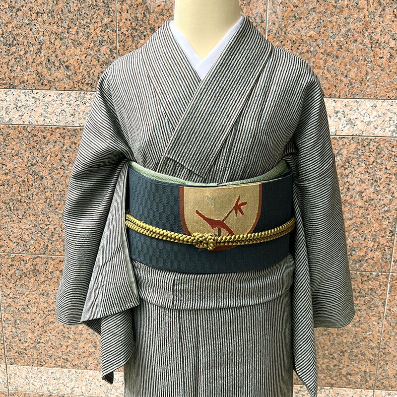 名古屋帯 正絹 八寸帯 お太鼓柄 青灰 楕円柄 長さ372cm 幅30.5cm 和装