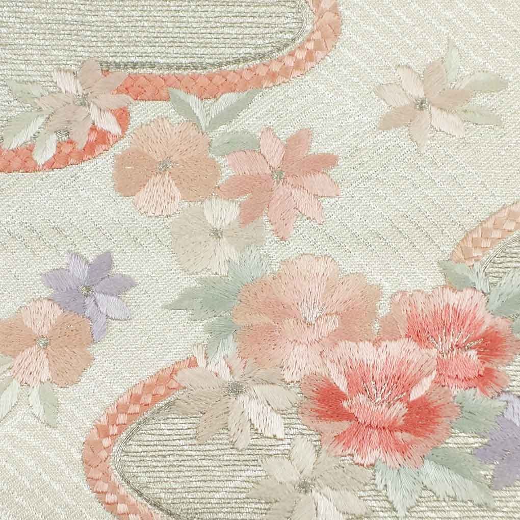 名古屋帯 幅30 cm 長さ365 レディース 花柄 秋冬春用 正絹 シルク シルバー リメイク リユース リサイクル 呉服のきくや