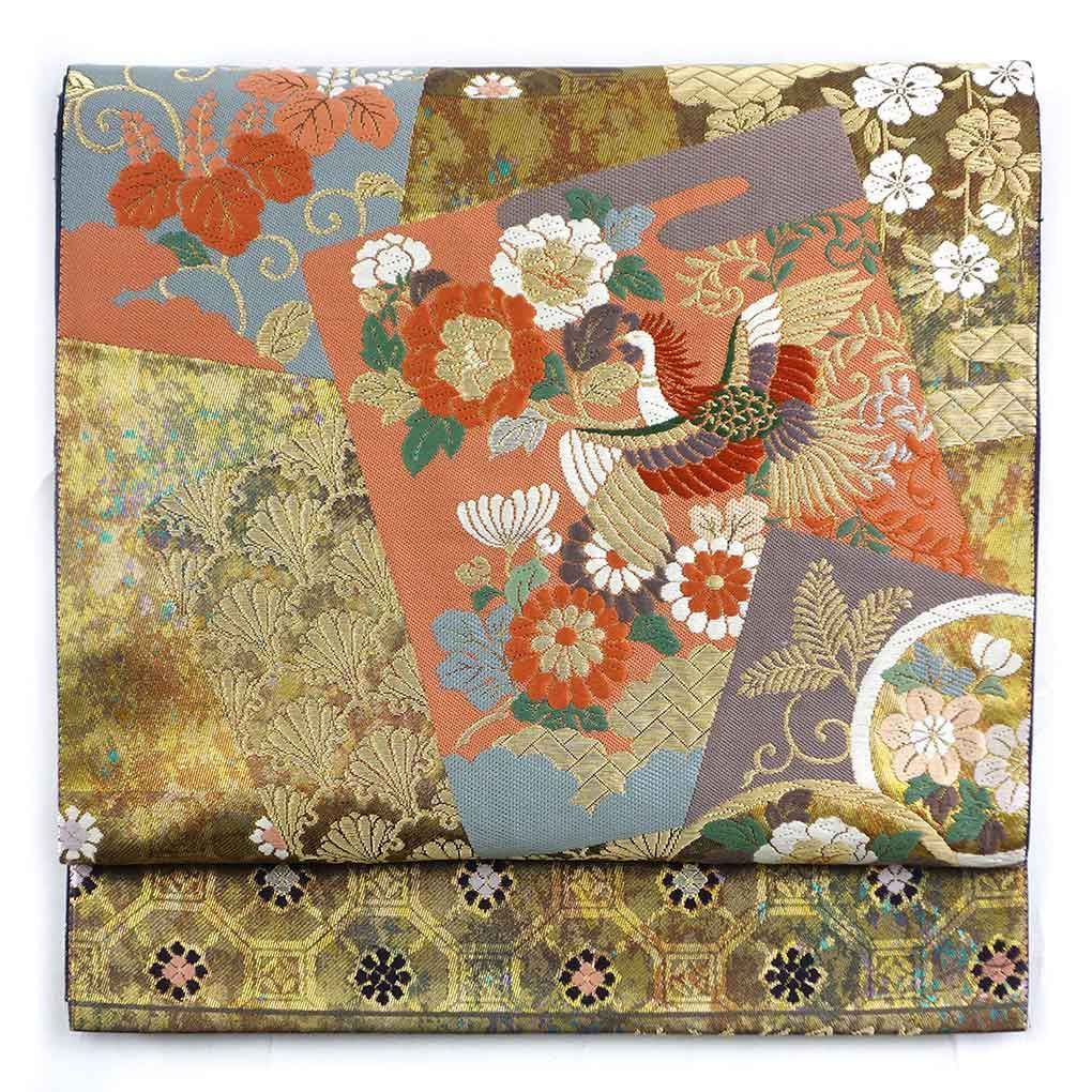 袋帯 幅31 cm 長さ429 レディース 鳳凰 秋冬春用 正絹 シルク ゴールド リメイク リユース リサイクル 呉服のきくや