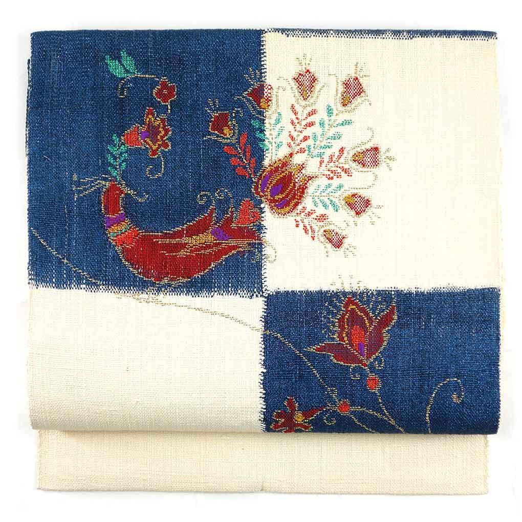 名古屋帯 幅31 cm 長さ357 レディース 市松 秋冬春用 正絹 シルク ホワイト リメイク リユース リサイクル 呉服のきくや