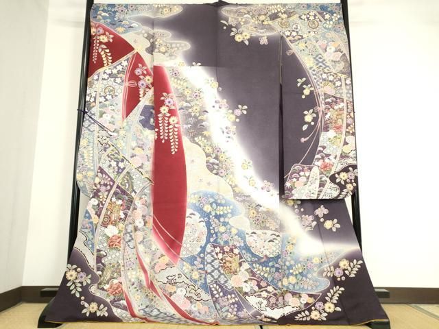 平和屋着物 豪華振袖 駒刺繍 辻が花 几帳御所車花文 暈し染め 金通し地 正絹 az