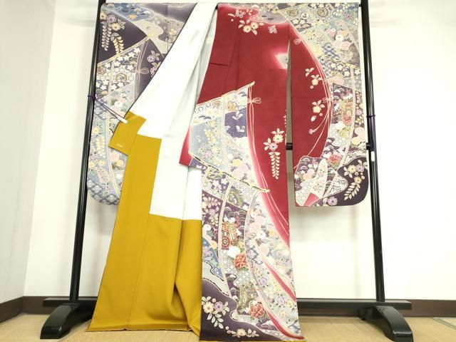 平和屋着物 豪華振袖 駒刺繍 辻が花 几帳御所車花文 暈し染め 金通し地 正絹 az