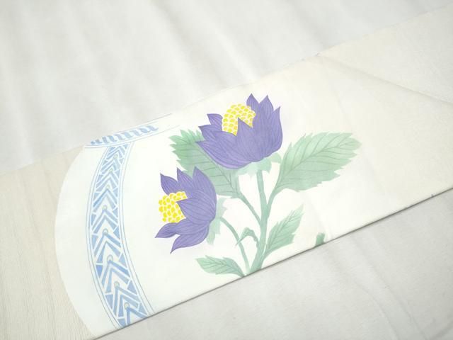 平和屋着物○塩瀬 九寸名古屋帯 陶器花文 銀彩 正絹 逸品 CABA4880hy