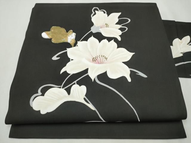 平和屋着物 塩瀬 九寸名古屋帯 枝花文 黒地 金銀彩 正絹 hy