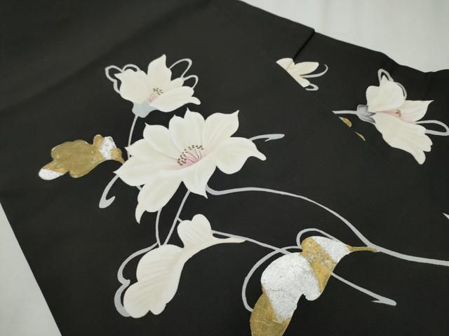 平和屋着物 塩瀬 九寸名古屋帯 枝花文 黒地 金銀彩 正絹 hy