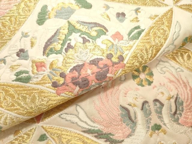 平和屋着物○太鼓柄袋帯 唐織 鳳凰七宝花文 金銀糸 正絹 逸品