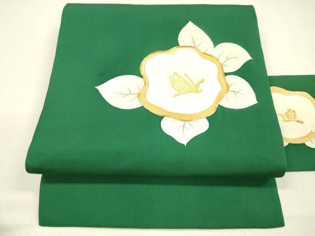 平和屋着物 塩瀬 九寸名古屋帯 手描き 駒刺繍 草花文 金彩 正絹 cm