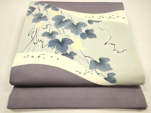 平和屋着物 塩瀬 九寸開き名古屋帯 友禅 作家物 葡萄蔦の葉文 正絹 cm