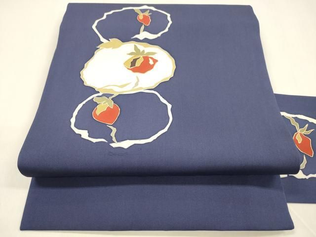 平和屋着物●塩瀬　九寸名古屋帯　駒刺繍　成り物　紺藍色　金彩　正絹　逸品　DAAZ4446cm 平和屋着物○塩瀬 九寸名古屋帯 駒刺繍 成り物 紺藍色 金彩 正絹 逸品