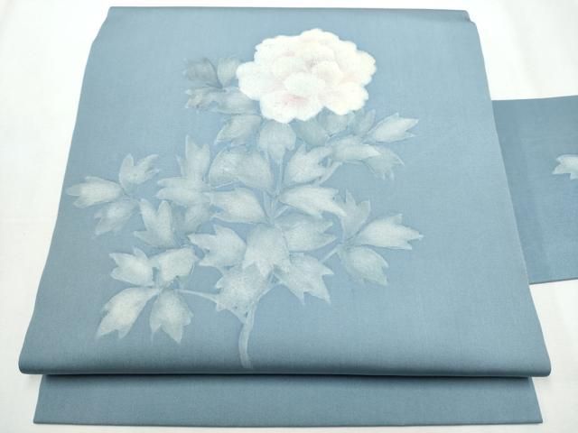 平和屋着物○塩瀬 九寸名古屋帯 手描き 刺繍 枝牡丹 正絹 逸品 CABA4955hy