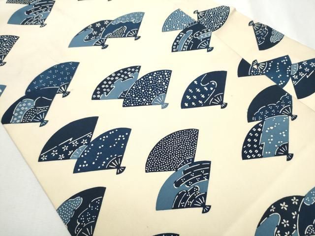 平和屋着物 塩瀬 全通柄 九寸名古屋帯 型染め 扇面吉祥文 正絹 hy