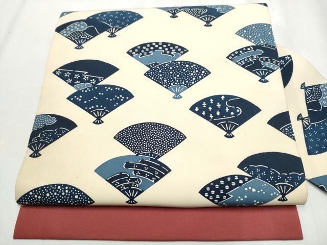 平和屋着物 塩瀬 全通柄 九寸名古屋帯 型染め 扇面吉祥文 正絹 hy