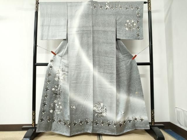 平和屋着物●訪問着　大内照氏作　螺鈿　尾長鳥花唐草文　暈し染め　金彩　正絹　逸品　CAAZ3659yc 平和屋着物○訪問着 大内照氏作 螺鈿 尾長鳥花唐草文 暈し染め 金彩