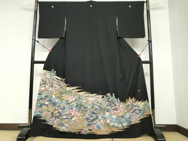 平和屋着物 豪華黒留袖 友禅 作家物 風景群鶴草花文 正絹 ud