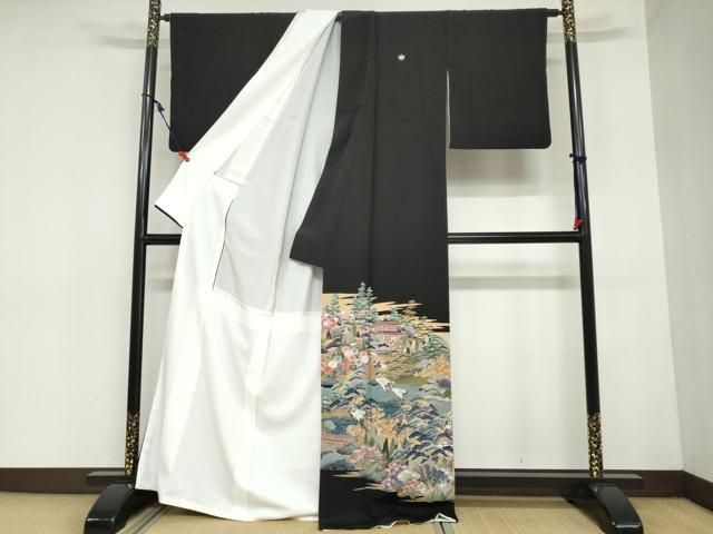 平和屋着物 豪華黒留袖 友禅 作家物 風景群鶴草花文 正絹 ud