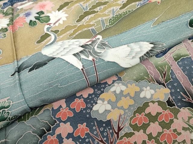  平和屋着物 豪華黒留袖 友禅 作家物 風景群鶴草花文 正絹 ud 黒留袖 着物