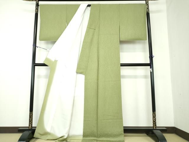  平和屋着物 上質な色無地 霞地紋 松葉色 正絹 ps 色無地 着物