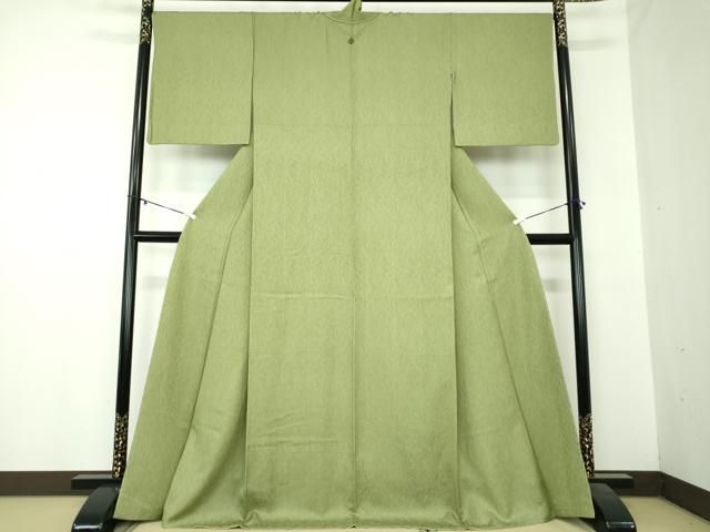 平和屋着物 上質な色無地 霞地紋 松葉色 正絹 ps