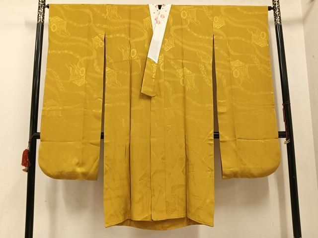 平和屋着物●振袖用長襦袢　無双仕立て　色無地　御所車地紋　山吹茶色　半衿刺繍　正絹　逸品　AABD7018ph 平和屋着物○振袖用長襦袢 無双仕立て 色無地 御所車地紋 山吹茶色 半