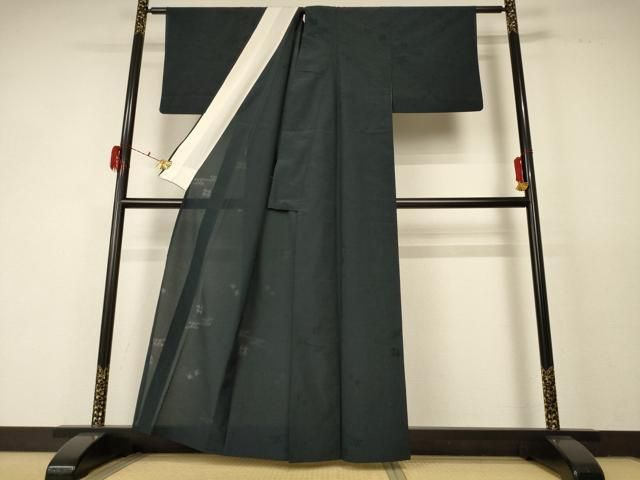 平和屋着物 夏物 色無地 紗 絣文 黒緑色 正絹 jd