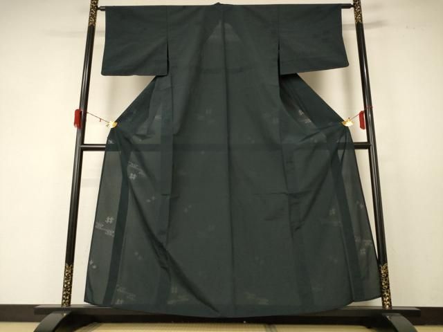 平和屋着物 夏物 色無地 紗 絣文 黒緑色 正絹 jd