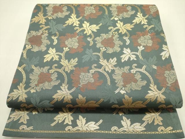C430厳選西陣　手織　幽玄な煌めき　薫風麗花文青藍　六通高級正絹純金糸美術袋帯 平和屋着物○西陣古代錦 六通柄袋帯 牡丹花唐草文 金糸 正絹 逸品