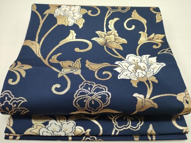 平和屋着物 九寸開き名古屋帯 更紗花唐草文 濃藍色 金糸 正絹 op