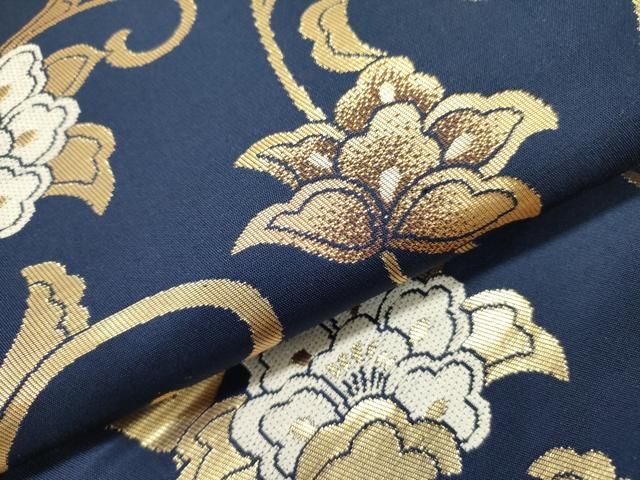 平和屋着物○九寸開き名古屋帯 更紗花唐草文 濃藍色 金糸 正絹 逸品