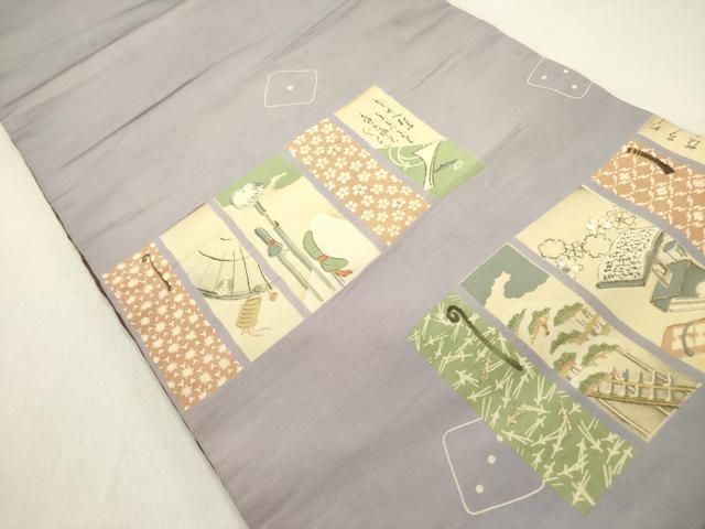 平和屋着物 アンティーク 大正ロマン 両面 全通柄京袋帯 駒刺繍 短冊文 正絹 op