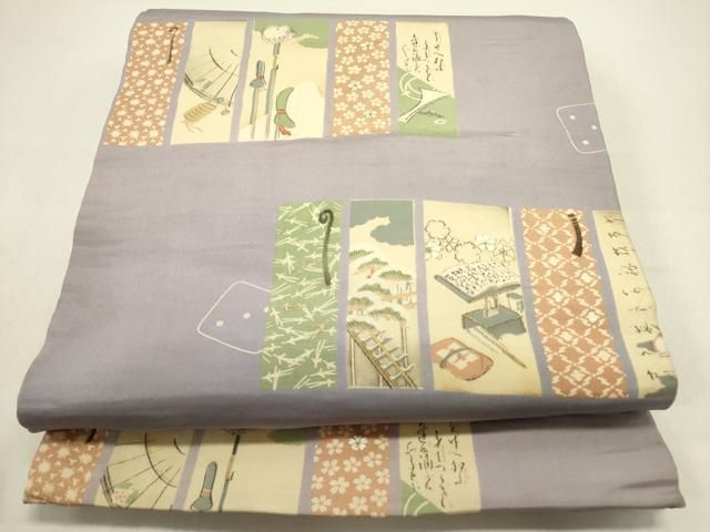 平和屋着物 アンティーク 大正ロマン 両面 全通柄京袋帯 駒刺繍 短冊文 正絹 op