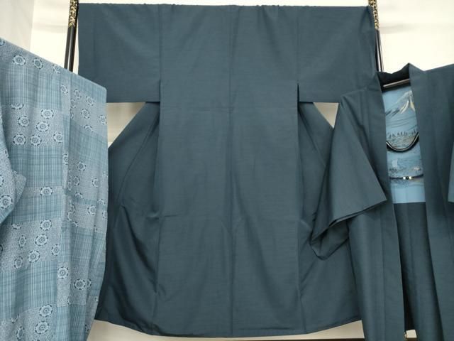 平和屋着物 男性 紬 アンサンブル 長襦袢 無双仕立て セット 色無地 青褐色 洗える着物 ck