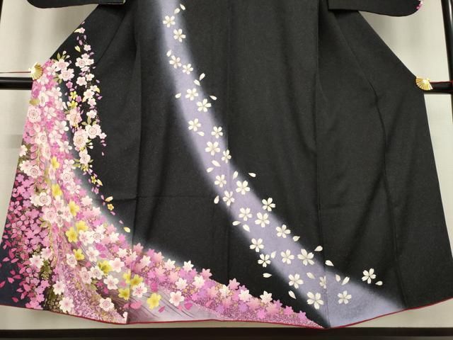 平和屋着物○訪問着 舞桜文 暈し染め 黒地 金彩 銀通し地 正絹 逸品