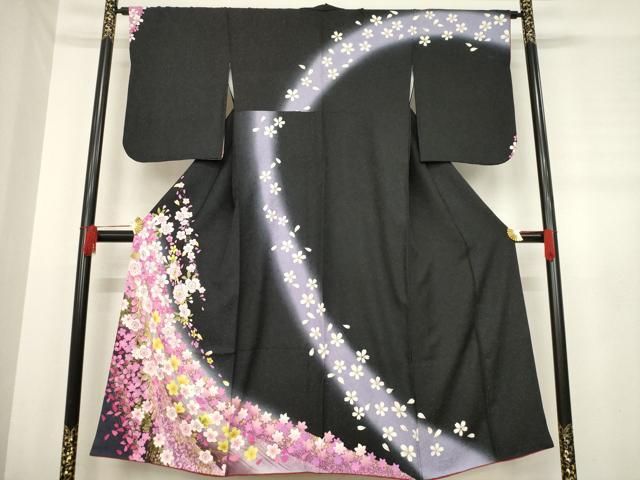 平和屋着物○訪問着 舞桜文 暈し染め 黒地 金彩 銀通し地 正絹 逸品