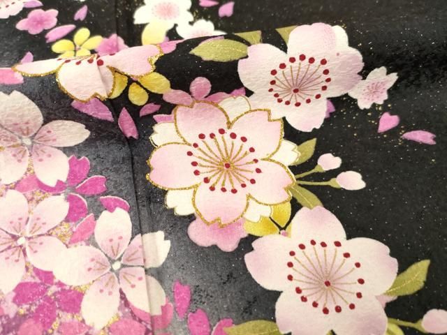 平和屋着物○訪問着 舞桜文 暈し染め 黒地 金彩 銀通し地 正絹 逸品