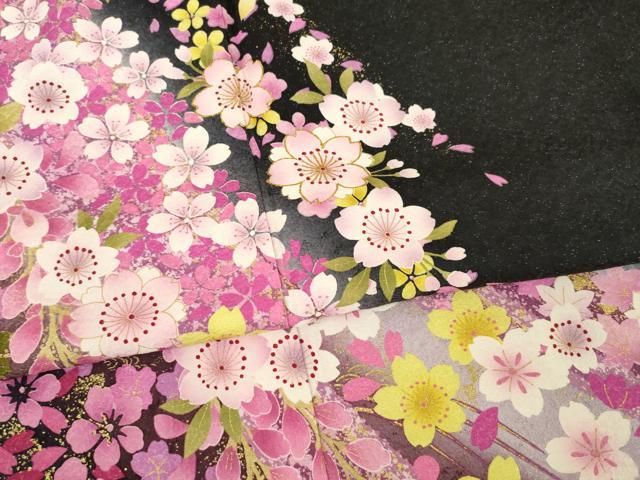 平和屋着物○訪問着 舞桜文 暈し染め 黒地 金彩 銀通し地 正絹 逸品
