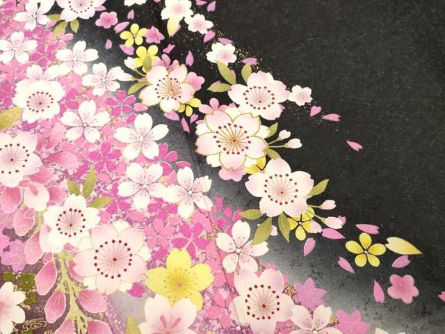 平和屋着物○訪問着 舞桜文 暈し染め 黒地 金彩 銀通し地 正絹 逸品
