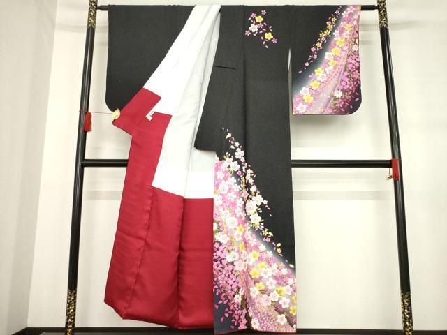 平和屋着物○訪問着 舞桜文 暈し染め 黒地 金彩 銀通し地 正絹 逸品