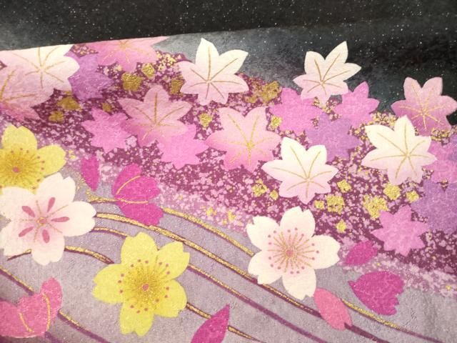 平和屋着物○訪問着 舞桜文 暈し染め 黒地 金彩 銀通し地 正絹 逸品