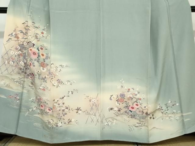 平和屋着物●訪問着　流水御所車草花文　暈し染め　銀彩　正絹　逸品　未使用　DAAZ7353ud 平和屋着物○訪問着 流水御所車草花文 暈し染め 銀彩 正絹 逸品 未使用